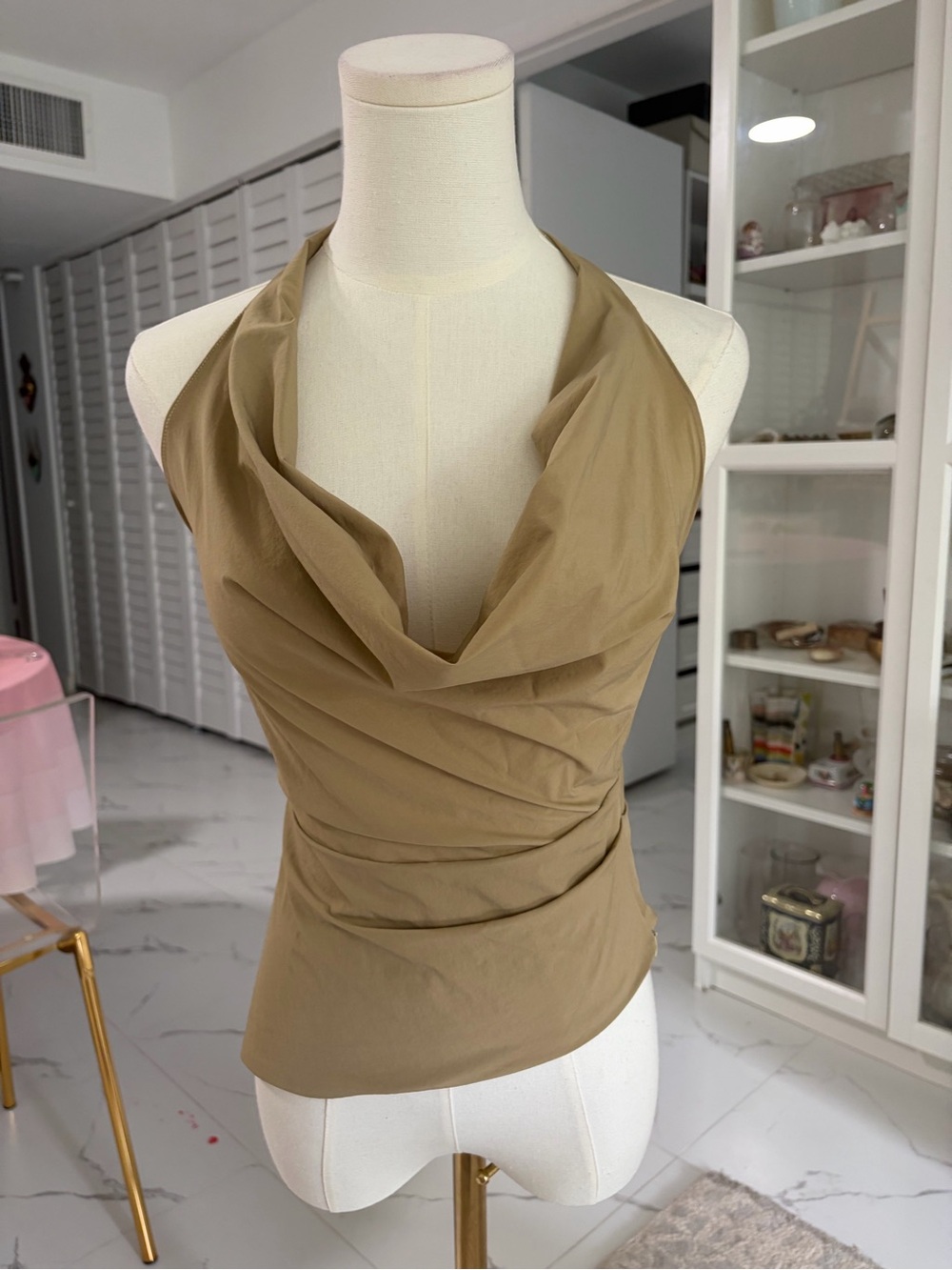 Sleeveless Cowl Neck Top in Tan